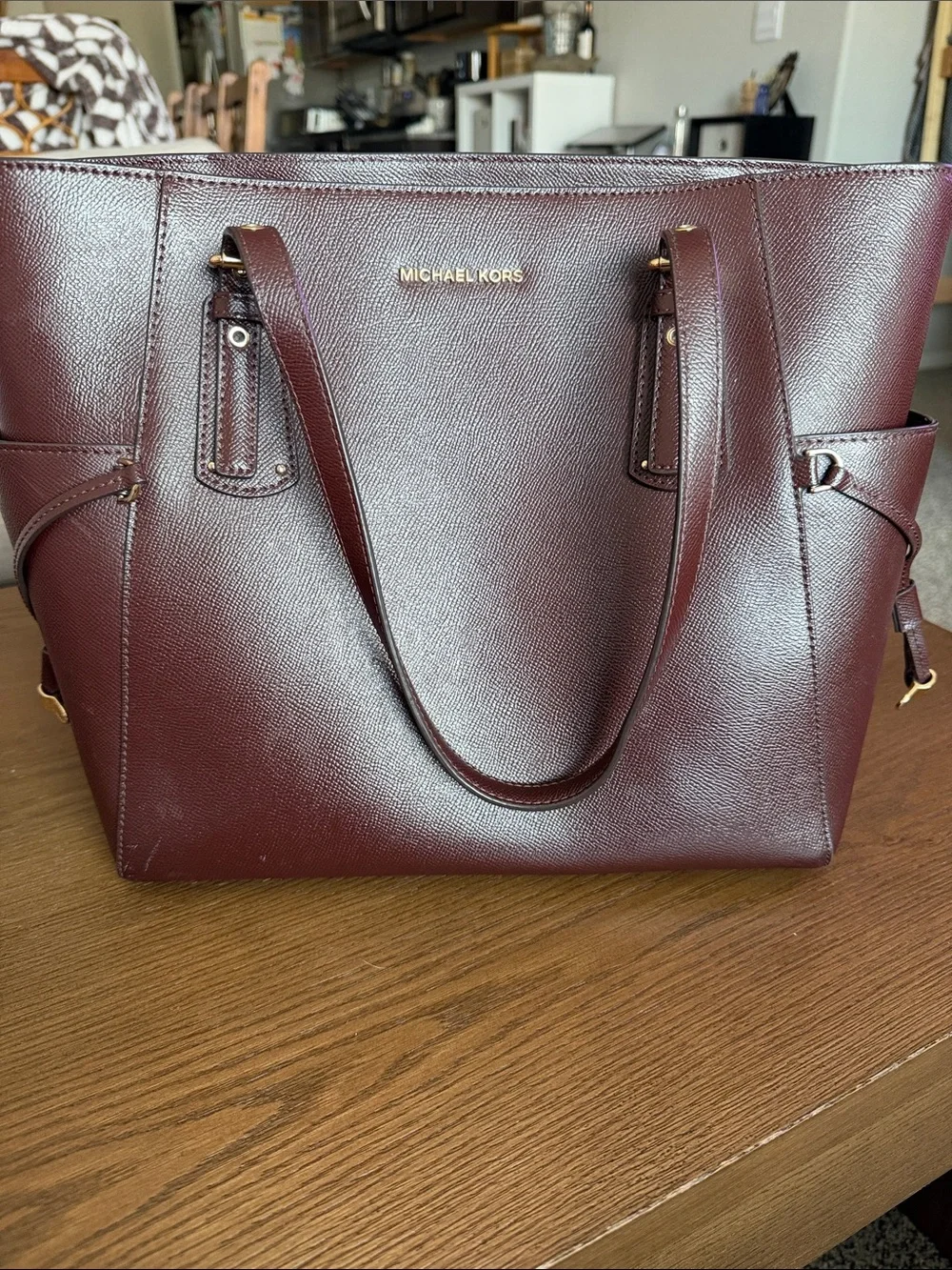 Michael Kors Maroon Saffiano Leather Tote with Gold Hardware